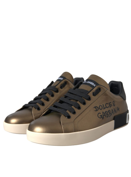 Angled view of Dolce & Gabbana gold black leather sneakers