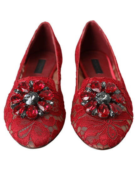 Front view of red lace ballet loafers with crystal detail