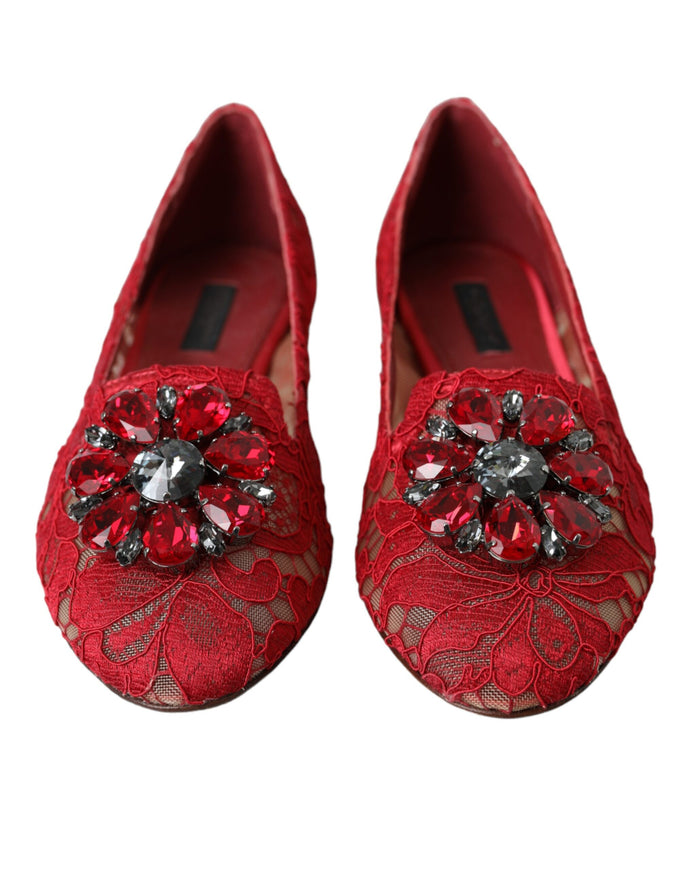 Front view of red lace ballet loafers with crystal detail