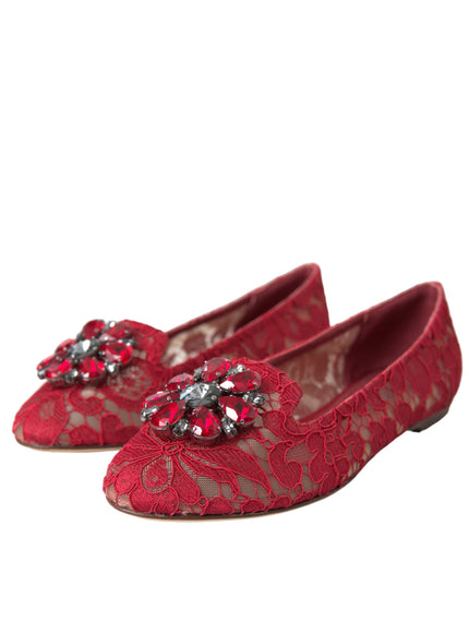 Pair of Dolce & Gabbana red lace loafers with crystals