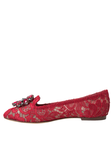 Side view of red lace loafers with floral design