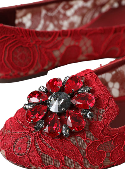 Close-up of crystal detail on red lace loafers