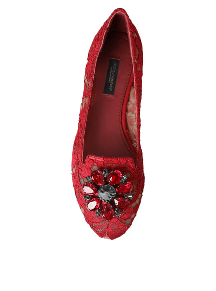 Top view of red lace ballet loafer with crystal embellishment