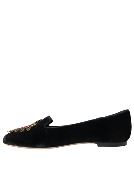 Side profile of black velvet DG loafers