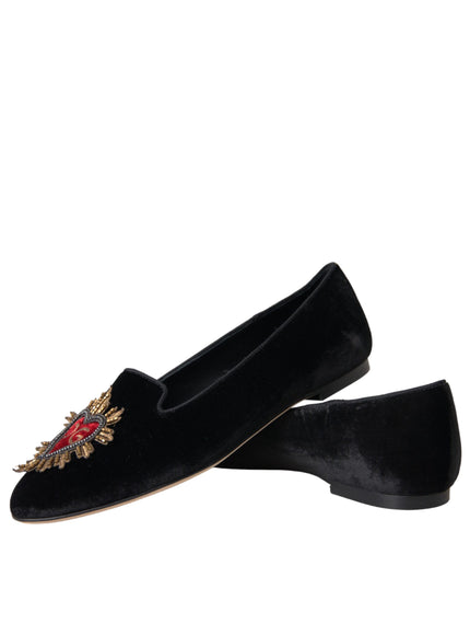 Pair of black velvet DG heart loafers