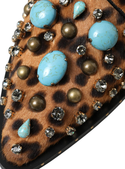 Close-up of embellishments on leopard dress shoe