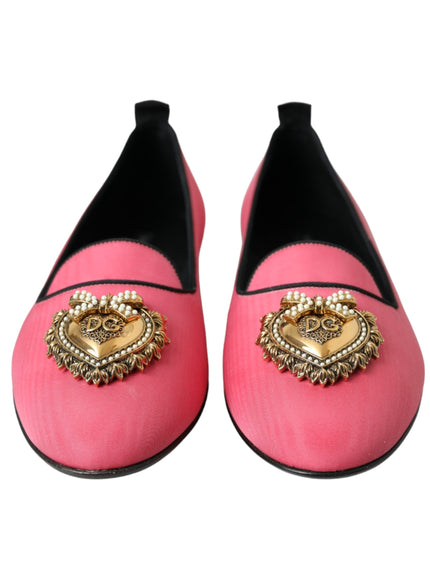 Front view of Dolce & Gabbana pink velvet loafers