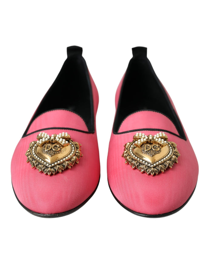 Front view of Dolce & Gabbana pink velvet loafers