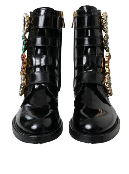 Front view of black leather boots with crystal buckles