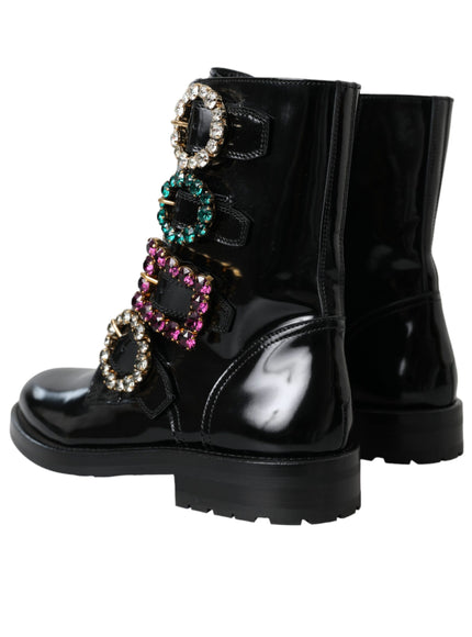 Back view of black leather boots with colorful buckles