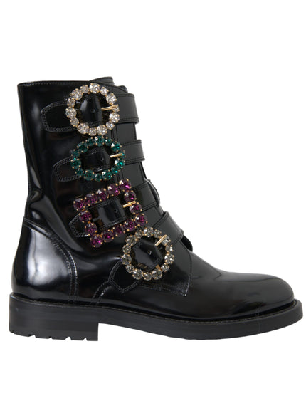 Dolce & Gabbana black leather boots with crystal buckles