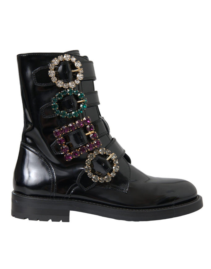 Dolce & Gabbana black leather boots with crystal buckles