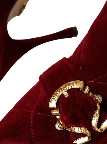 Close-up of buckle on Dolce & Gabbana red velvet boots