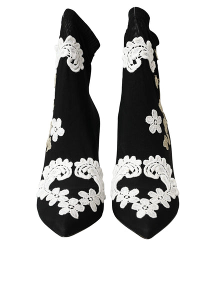 Dolce & Gabbana Black White Embroidery Slip On Boots Shoes