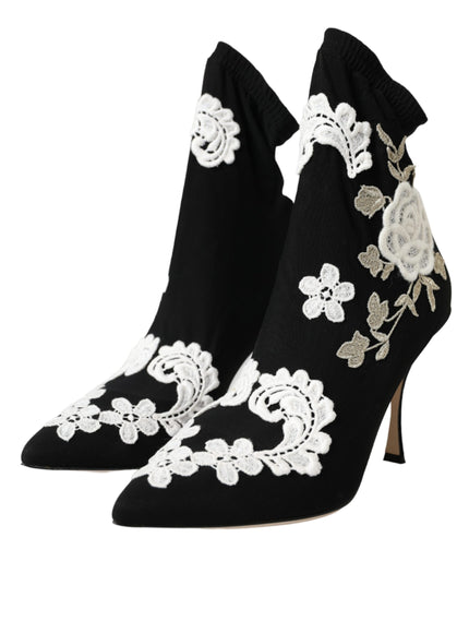 Dolce & Gabbana Black White Embroidery Slip On Boots Shoes