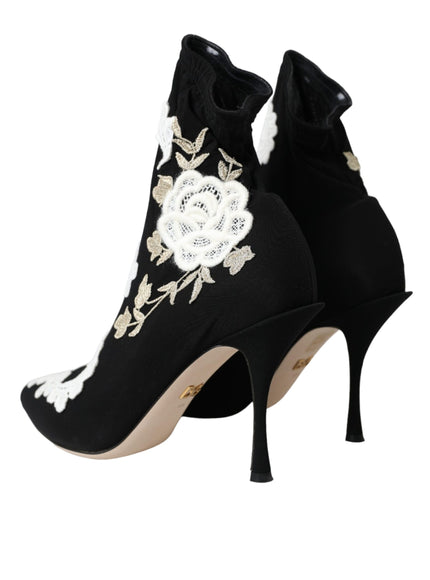 Dolce & Gabbana Black White Embroidery Slip On Boots Shoes