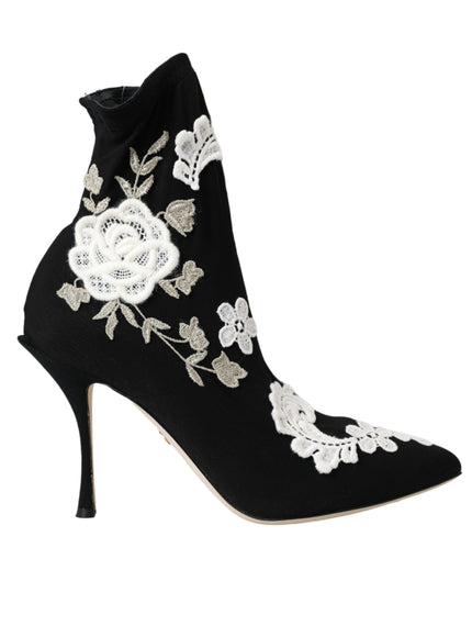 Dolce & Gabbana Black White Embroidery Slip On Boots Shoes