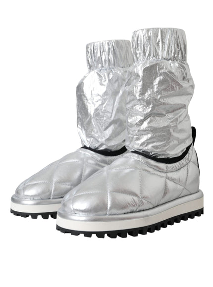 Dolce & Gabbana Metallic Silver Quilted Logo Patch Boot Shoes