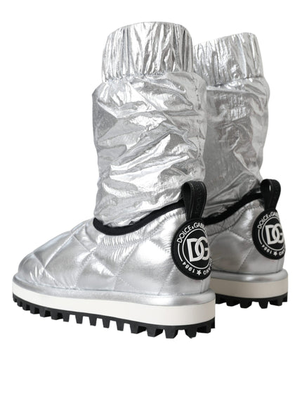 Dolce & Gabbana Metallic Silver Quilted Logo Patch Boot Shoes