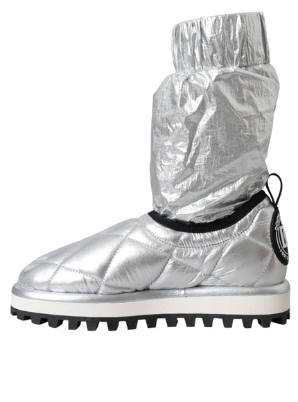 Dolce & Gabbana Metallic Silver Quilted Logo Patch Boot Shoes