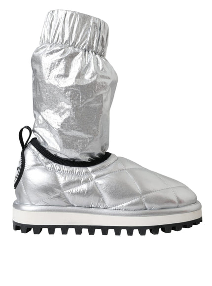 Dolce & Gabbana Metallic Silver Quilted Logo Patch Boot Shoes