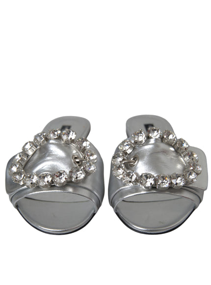 Dolce & Gabbana Silver Crystal Leather Flats Sandals Shoes