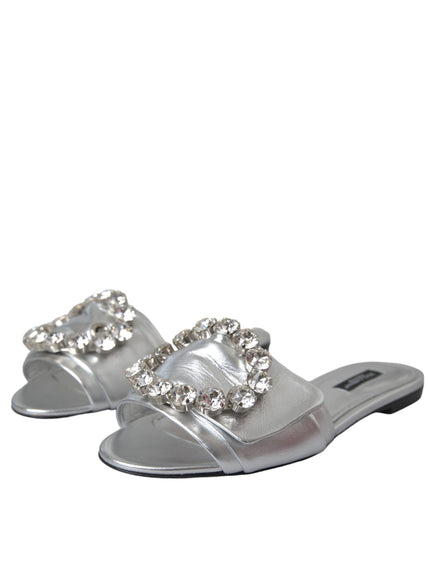 Dolce & Gabbana Silver Crystal Leather Flats Sandals Shoes