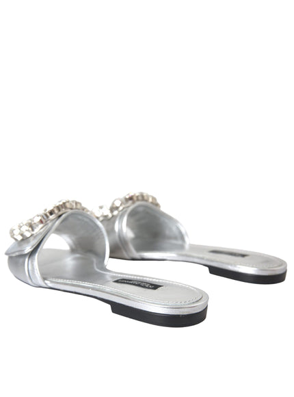 Dolce & Gabbana Silver Crystal Leather Flats Sandals Shoes