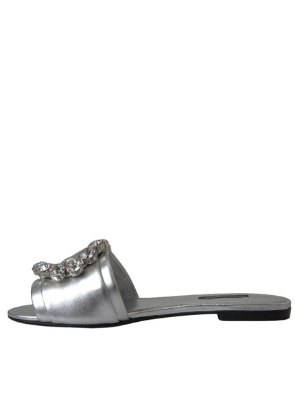 Dolce & Gabbana Silver Crystal Leather Flats Sandals Shoes