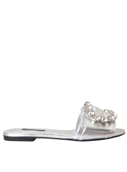 Dolce & Gabbana Silver Crystal Leather Flats Sandals Shoes