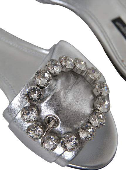 Dolce & Gabbana Silver Crystal Leather Flats Sandals Shoes