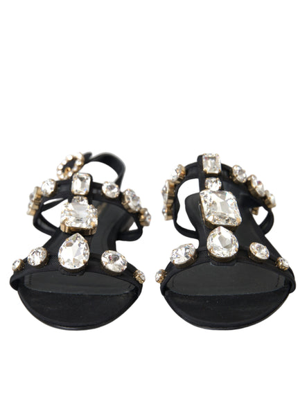 Dolce & Gabbana Black Leather Crystal Flats Sandals Shoes