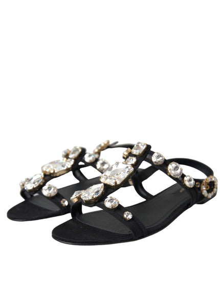 Dolce & Gabbana Black Leather Crystal Flats Sandals Shoes