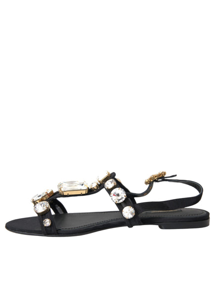 Dolce & Gabbana Black Leather Crystal Flats Sandals Shoes