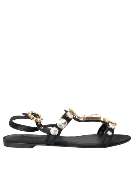 Dolce & Gabbana Black Leather Crystal Flats Sandals Shoes