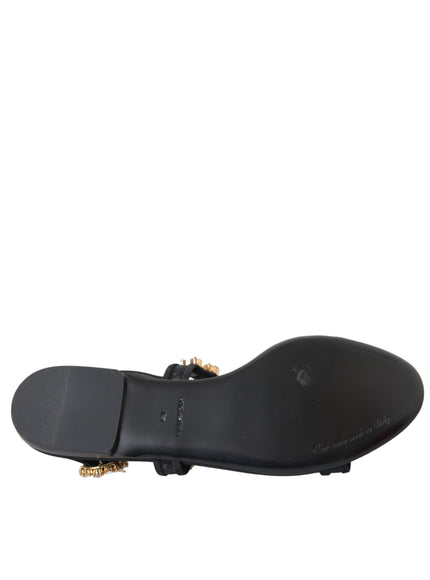 Dolce & Gabbana Black Leather Crystal Flats Sandals Shoes