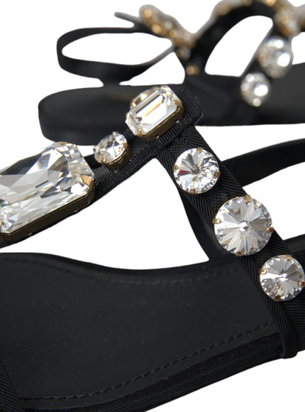 Dolce & Gabbana Black Leather Crystal Flats Sandals Shoes