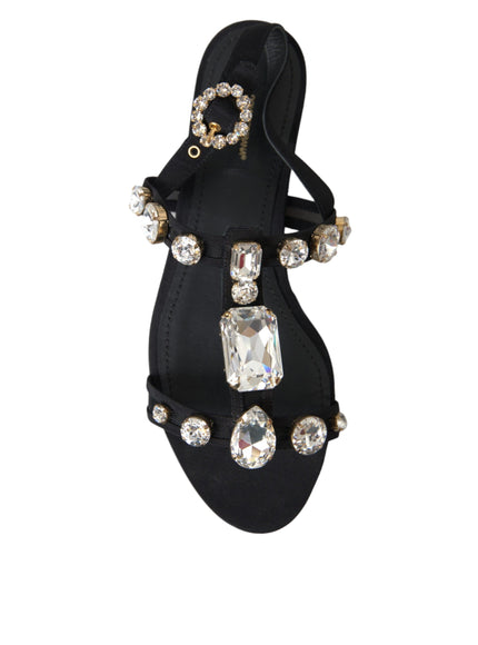 Dolce & Gabbana Black Leather Crystal Flats Sandals Shoes