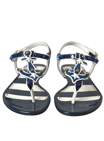 Dolce & Gabbana Blue Stripes Leather Studded Flats Sandals Shoes