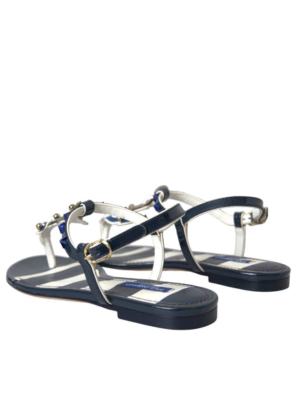 Dolce & Gabbana Blue Stripes Leather Studded Flats Sandals Shoes