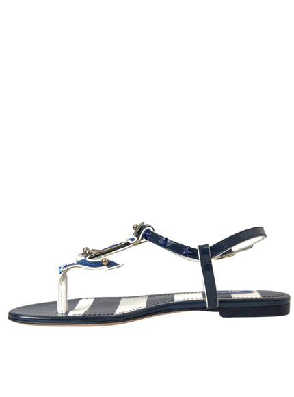 Dolce & Gabbana Blue Stripes Leather Studded Flats Sandals Shoes