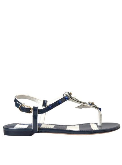 Dolce & Gabbana Blue Stripes Leather Studded Flats Sandals Shoes