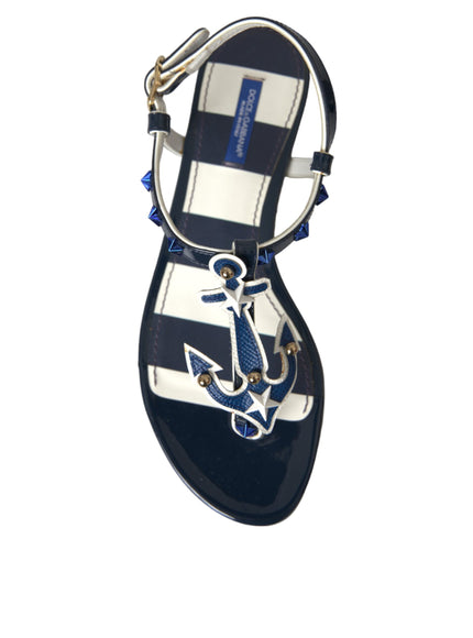 Dolce & Gabbana Blue Stripes Leather Studded Flats Sandals Shoes