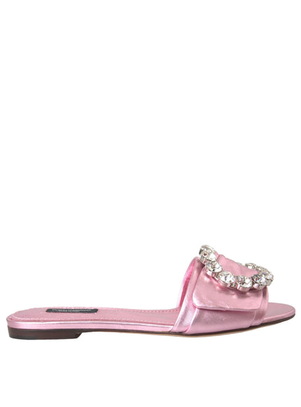 Dolce & Gabbana Pink Crystal Leather Flats Sandals Shoes