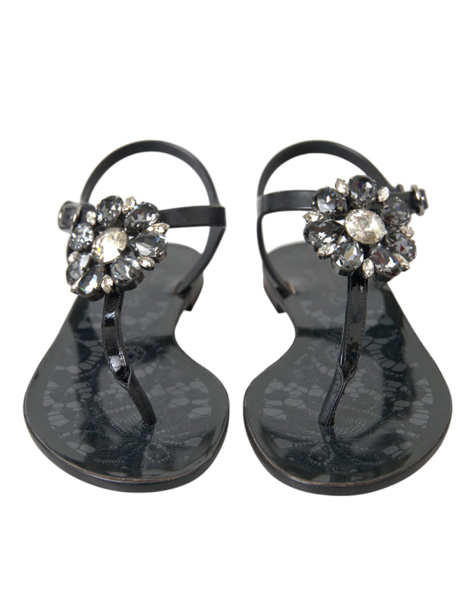 Dolce & Gabbana Black Crystal Flat Sandals