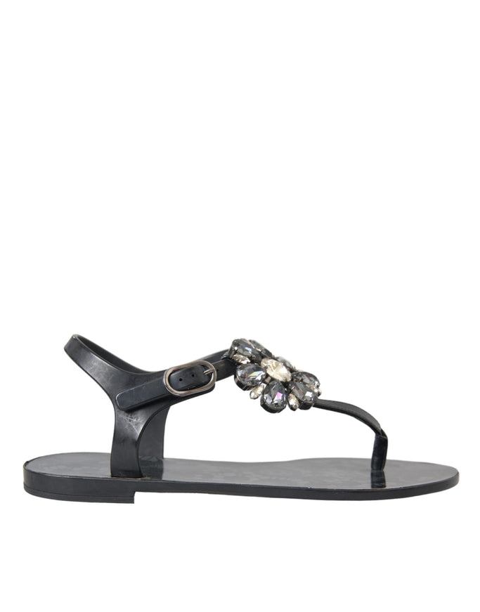 Dolce & Gabbana Black Crystal Flat Sandals