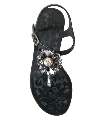 Dolce & Gabbana Black Crystal Flat Sandals