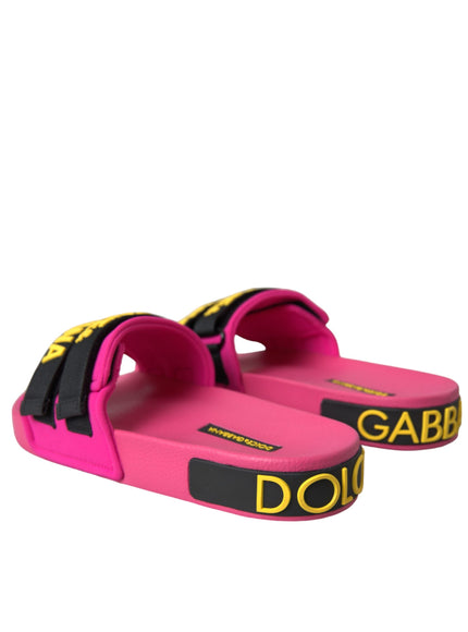 Dolce & Gabbana Pink Black Logo Beachwear Flats Sandals Shoes