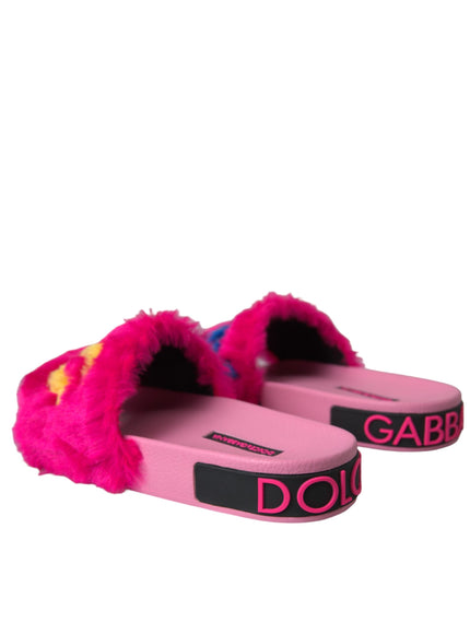 a pair of pink slippers with pink fur