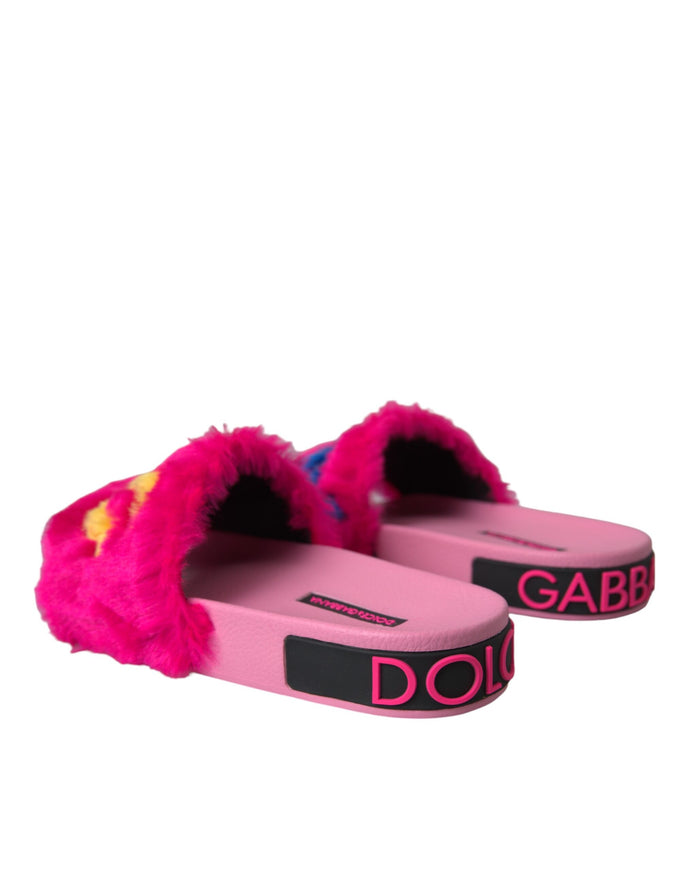 a pair of pink slippers with pink fur